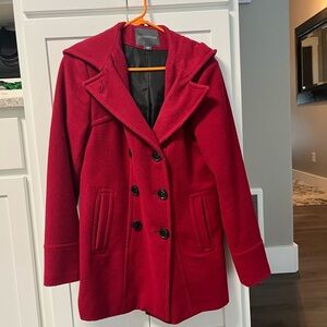 Women’s red hooded Pea Coat. Size medium